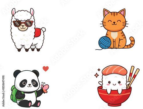 Cute cartoon animal icons set with llama cat panda and sushi characters in colorful flat vector illustration style