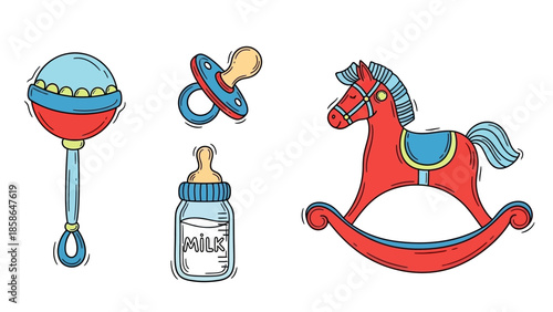 Colorful Hand-Drawn Baby Toys and Essentials Collection.