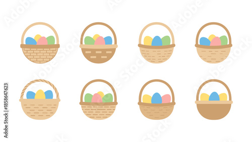 Collection of easter baskets with colorful eggs in pastel colors