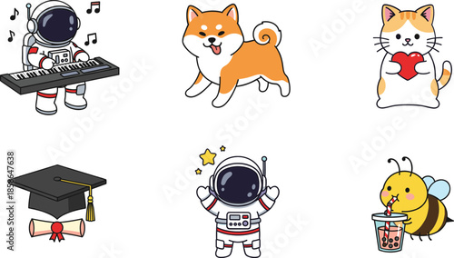Cute cartoon animals and astronaut icons set with music graduation bee and love characters in colorful flat vector style