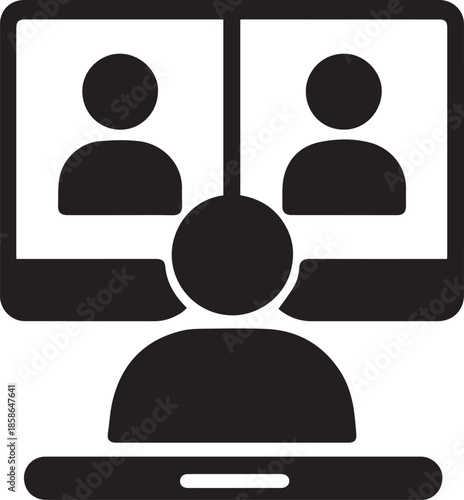 A simple black icon depicting a video call on a laptop computer