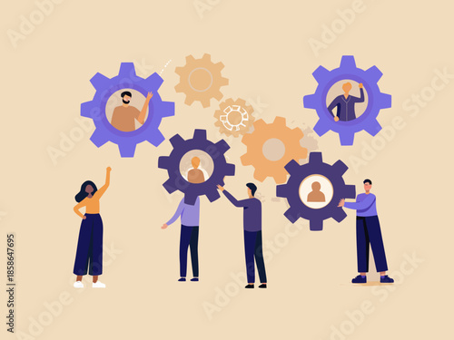 Teamwork and collaboration illustrated with gears and people within a system
