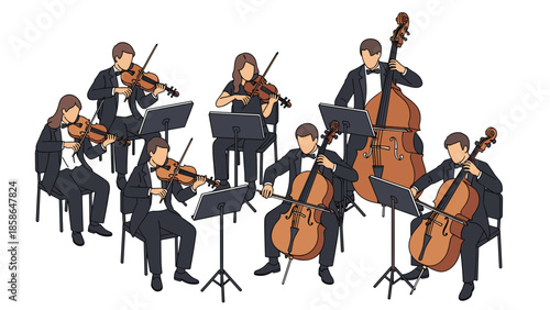 Elegant orchestra of professional musicians in formal attire, skillfully playing a variety of string instruments including violins, cellos, and double bass, arranged for a refined performance.