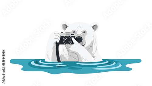 Whimsical polar bear playfully emerging from the water, holding a vintage film camera and appearing to take a photograph, creating a unique wildlife photography concept.