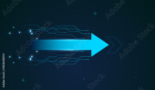 A glowing blue digital arrow surges upward with circuitlike trails, symbolizing tech-driven financial growth. Neon circuit patterns frame the bold arrows up trend