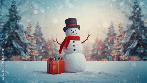 Snowmen with gift bags in a...