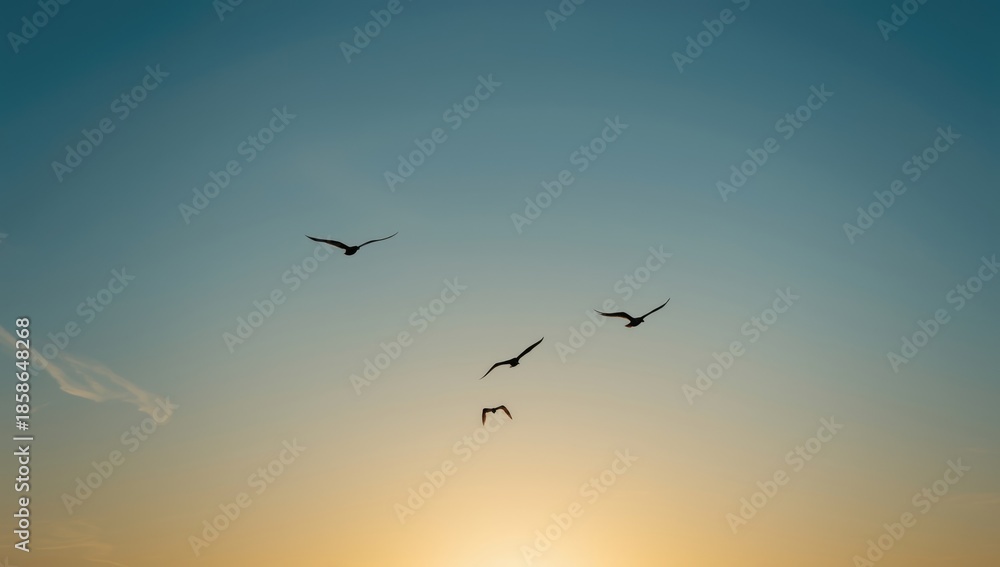 Fototapeta premium Group of birds soaring against a bright blue sky, suitable for editorial header backgrounds, Earth Day