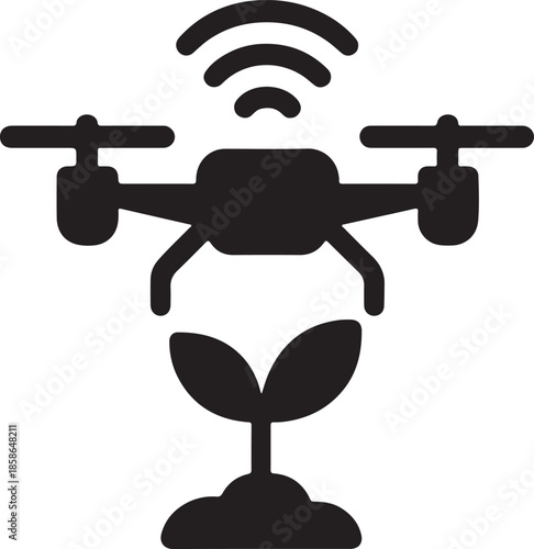 Drone with a seedling representing agricultural technology and plant monitoring