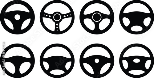 Collection of different steering wheels in black silhouette