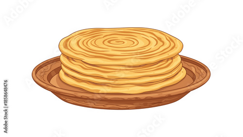 Appetizing stack of freshly prepared golden-brown paratha flatbreads, showcasing their beautiful flaky layers, elegantly served on a traditional brown ceramic plate.