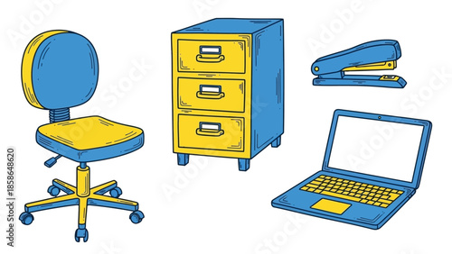 Colorful Office Essentials Collection - Chair, Filing Cabinet, Stapler, and Laptop.