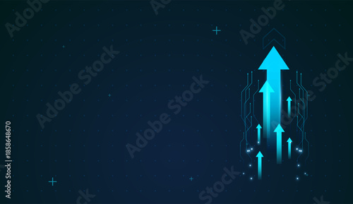 Arrows financial growth with Neon circuit patterns frame the bold arrows up trend. Dark digital background with sparkling dots suggests data centers and market analytics