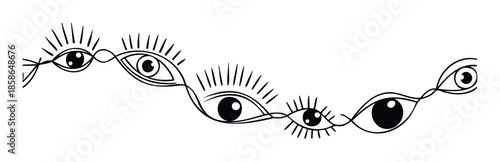 A minimalist linear doodle featuring interconnected stylized eyes with radiating lashes, conveying a sense of mystical connection, suitable for spiritual, wellness, or esoteric themed