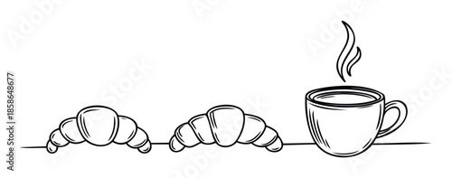A charming black outline sketch featuring delicious fresh baked croissants and a hot steaming cup of coffee, perfect for cafe menus, breakfast promotions, or culinary blog graphics.