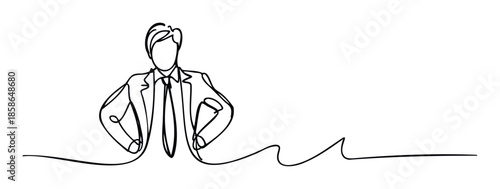 Continuous line drawing of a confident male executive in a suit with hands on hips, representing leadership and determination for business presentations, corporate branding, or motivational
