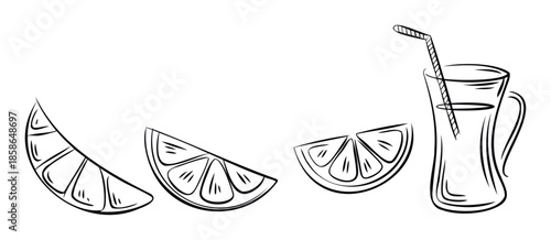 Simple line drawing of fresh citrus slices and a refreshing glass of juice with a straw perfect for healthy lifestyle food and beverage concepts.