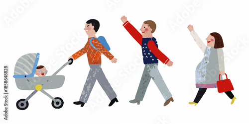 A family walks together a mother father child in a stroller and another child