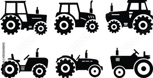 Collection of different tractors silhouette on white background