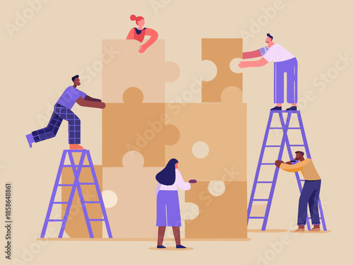 Diverse team collaborating to connect puzzle pieces symbolizing unity and problem solving