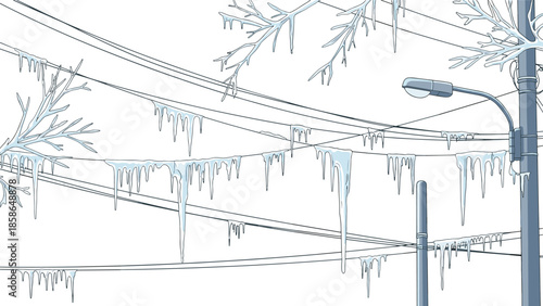 Hazardous winter scene depicting long, sharp icicles hanging precariously from power lines and bare tree branches, with a street light, illustrating severe cold weather conditions.