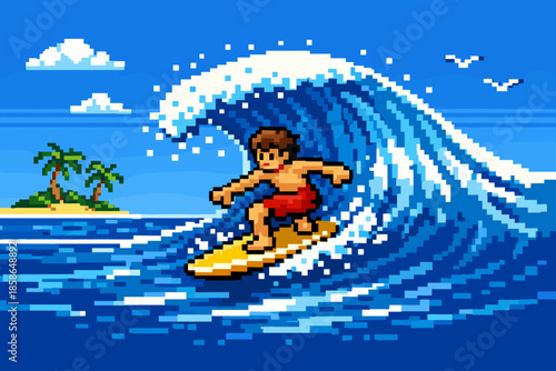Pixel art surfer riding a big wave near tropical island