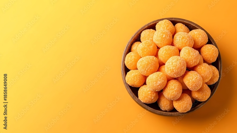 Obraz premium Bowl of Crunchy Orange Cheese Puffs Snacks on a Vibrant Yellow Background
