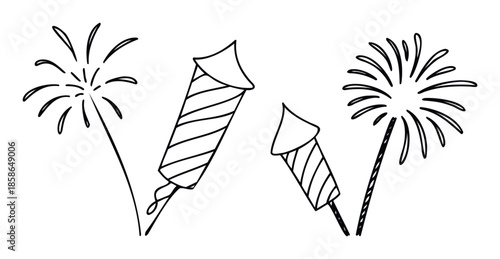 Simple hand drawn outlines of celebration fireworks and rockets igniting a festive atmosphere perfect for holiday decorations, party invitations, and joyful event graphics