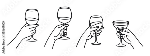 Collection of diverse hands gracefully holding various wine glasses, perfect for elegant restaurant branding, winery advertisements, or social event invitations and promotions.