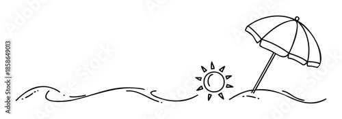 Minimalist line drawing depicting a summer beach scene with ocean waves, a shining sun, and a beach umbrella, perfect for vacation promotions, travel campaigns, or holiday advertisements.