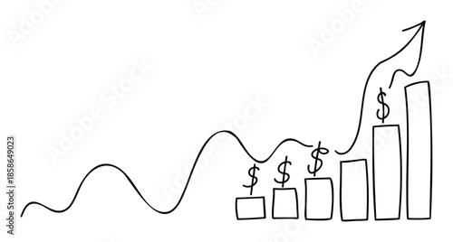 Hand drawn financial growth chart displaying increasing success with rising bar graphs and dollar signs alongside an upward trend arrow for business development visualization
