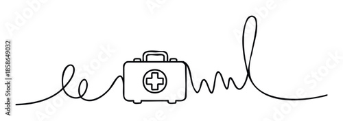 Continuous line drawing of a first aid kit with a medical cross and a heart rate monitor pulse line for health services and emergency care concepts