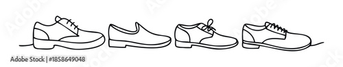 Continuous single line drawing featuring various styles of classic shoes and formal footwear, ideal for apparel, retail, or product related projects.