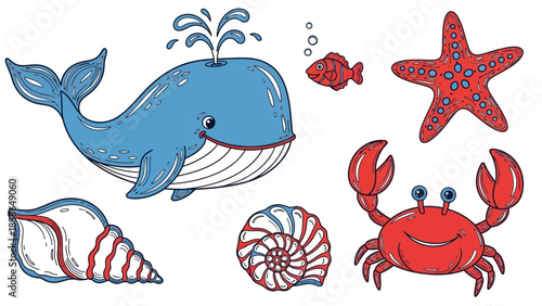 Cute Cartoon Sea Creatures and Marine Life Collection.
