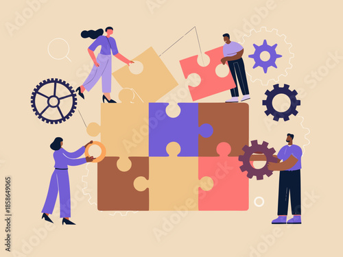 Teamwork and problem solving diverse people building connections with puzzle pieces