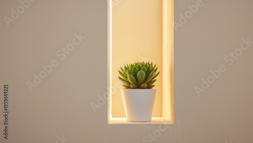 Green succulent in a white flower pot placed on a narrow windowsill alcove bathed in warm sunlight, ideal for lifestyle or home decor layouts