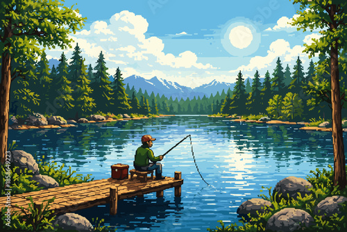 Man fishing by lake in tranquil forest landscape with mountains and clear sky