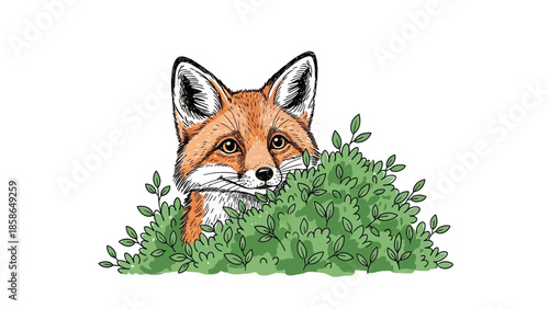 Cute Red Fox Peeking Out from Green Bushes Hand Drawn Illustration.