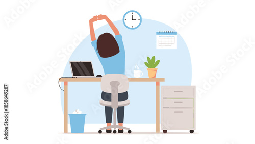 Woman at her office desk gently stretching her arms above her head, taking a beneficial short break from work, actively promoting workplace wellness and mindful self-care.