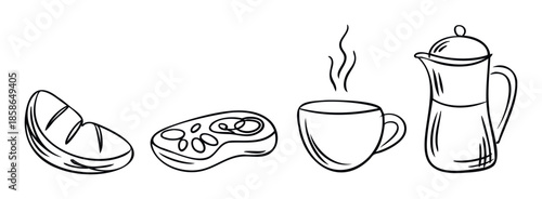 Monochrome line drawing of diverse food and drink items presenting a sliced bread, a seasoned steak cut, a warm drink mug, and a traditional coffee maker for kitchen decor, recipe books,
