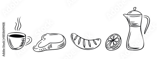 Sketchy outline drawing featuring breakfast and dinner staples such as hot coffee, meat, grilled side dish, fresh citrus, and a classic pitcher ideal for culinary themed designs or food