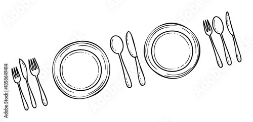 Complete table setting flatware and dinnerware sketch offering a simple visual representation of dining essentials for restaurant menus event invitations or kitchen decor themes