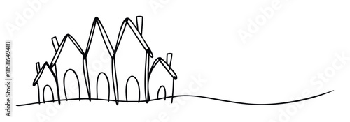 Simple continuous line drawing depicting a charming neighborhood of small houses on a gentle hill, perfect for architectural concepts, community living, or real estate marketing projects.