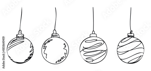 Collection of four simple hand drawn style holiday ornaments with abstract line decorations perfect for seasonal greetings, festive event invitations, or winter celebration promotional