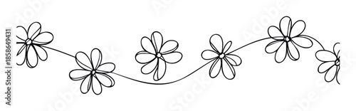 Simple handdrawn continuous line daisy flowers form a delicate floral vine, perfect for adding an organic touch to decorative borders, graphic resources, or print embellishments.