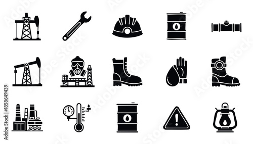 Collection of oil and gas industry equipment and worker safety icons featuring pumpjacks, refinery buildings, protective gear, and essential tools suitable for energy projects