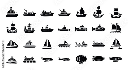 A comprehensive collection of diverse transport vehicle silhouette icons, featuring ships, boats, submarines, airplanes, and blimps, ideal for navigation, travel, logistics, and maritime