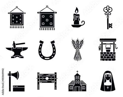 Set of medieval historical and traditional symbols representing ancient folklore, religious practices, and daily life for graphic resource applications and educational content