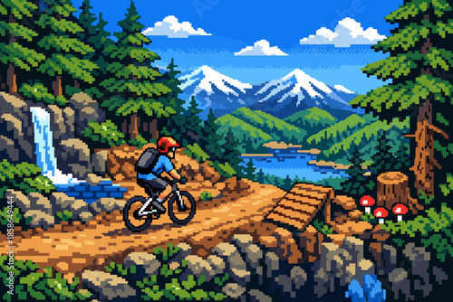 Pixel art adventure: cyclist exploring mountain trails with scenic views and waterfalls