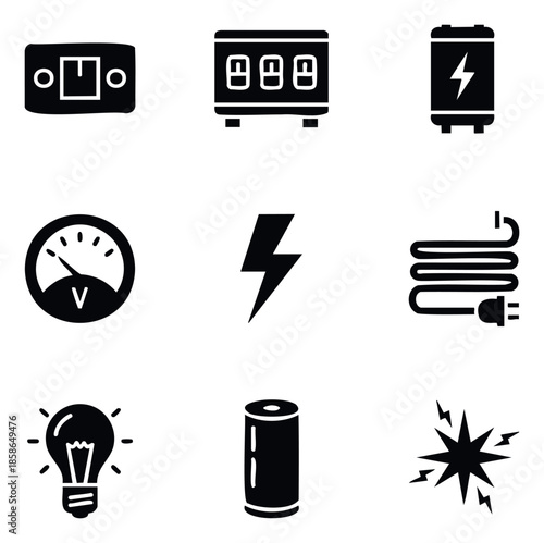 Essential black electricity and power icons such as switch, fuse box, battery, voltmeter, lightning symbol, plug, and light bulb perfect for technical presentations and infographics