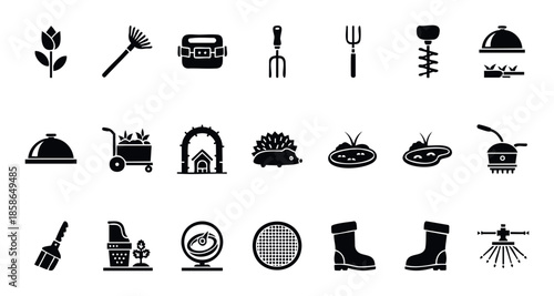 Comprehensive collection of essential gardening tools and nature elements perfect for illustrating horticultural concepts, backyard management, and outdoor living designs